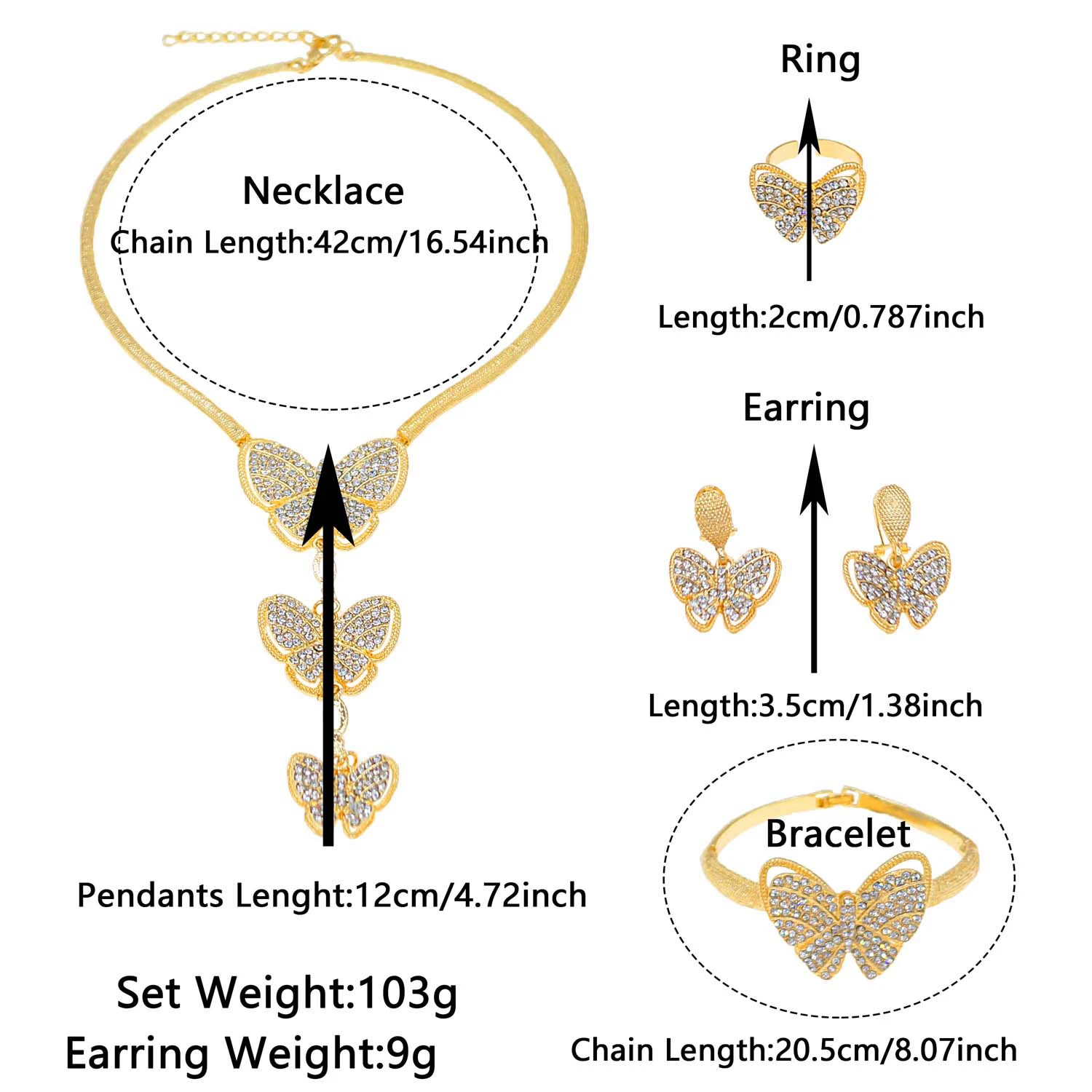 Zhuerrui24K Gold-Plated Luxury Jewelry Set Diamond Butterfly Fashion Beautiful Smart Elegant Fortune Lady Birthday GiftHD200714
