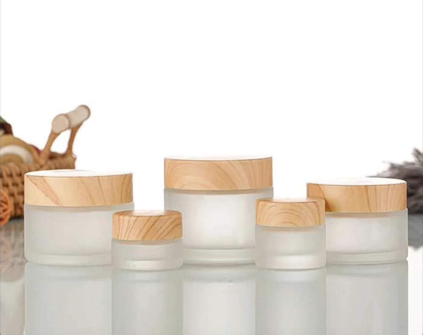 In stock 5g 10g 20g 30g 60g Cosmetic Glass Jar wood grain lid Frosted Clear 50g 100g Glass Cream Jar with Bamboo Lids