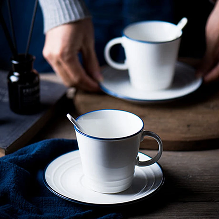 Classic enamel design American pastoral style grace blue line hand painted ceramic tea set white coffee set porcelain