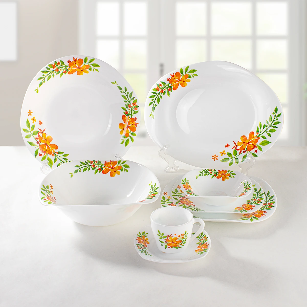 JH GLASSWARE Wholesales 30PCS square Dinner Set Custom Pattern White opal glass dinnerware set