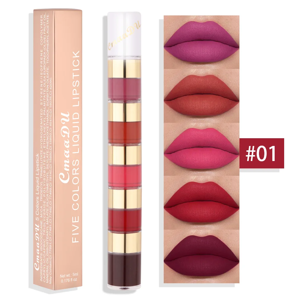 CmaaDu Matte 5-color Mini 5 In 1 Lipstick Combination 5 Sections Matte Velvet Color Non-stick Lip Gloss Lipstick