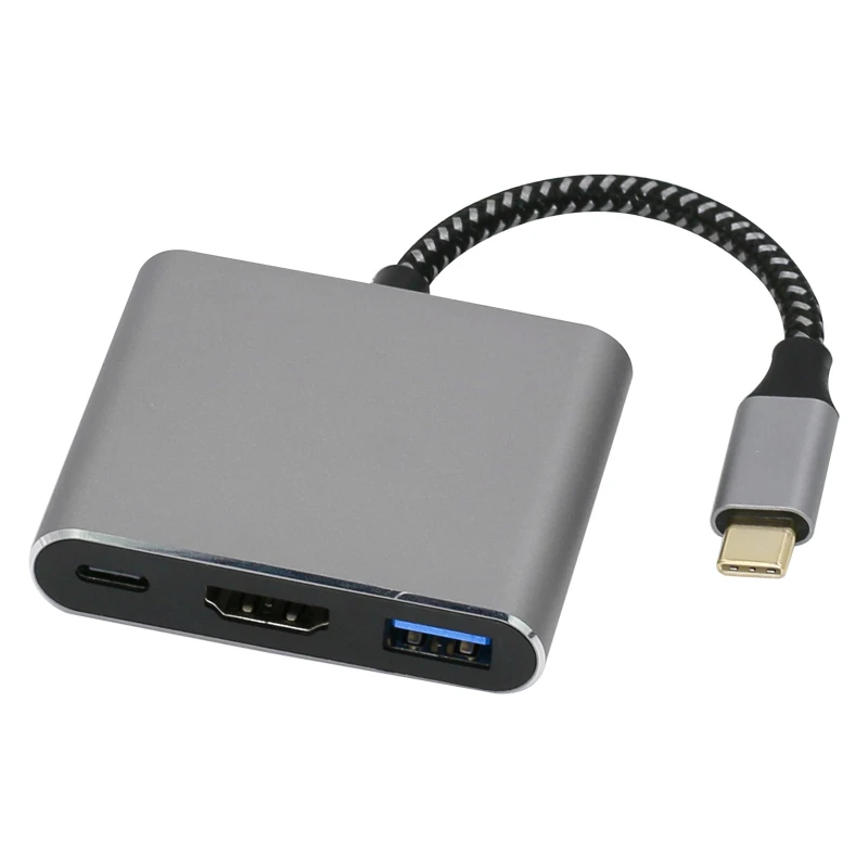 Source manufacturers can customize multifunctional gray aluminum shell Type-c to HDMI USB3.0 PD powered nylon rope hub