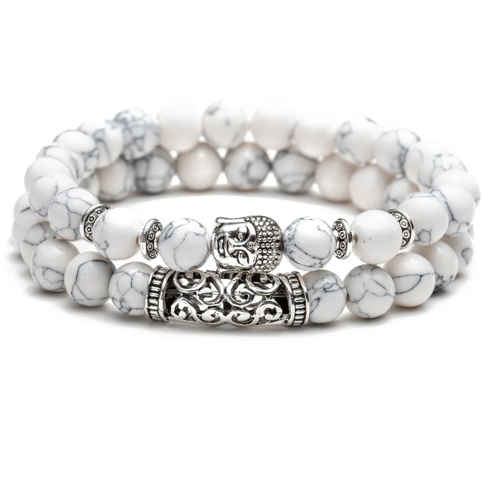 Blue Turquoise Jewelry Natural Howlite Beads Buddha Head Charm Couple Bracelet Set Alloy Metal Religion Buddha Bead Bracelet Set