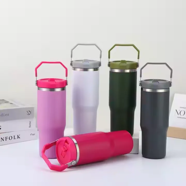 20oz 30oz Luxury Double Wall Vacuum Insulated Stainless Steel Travel Car Tumbler Reusable Cup Straw Flip Leak Proof Features