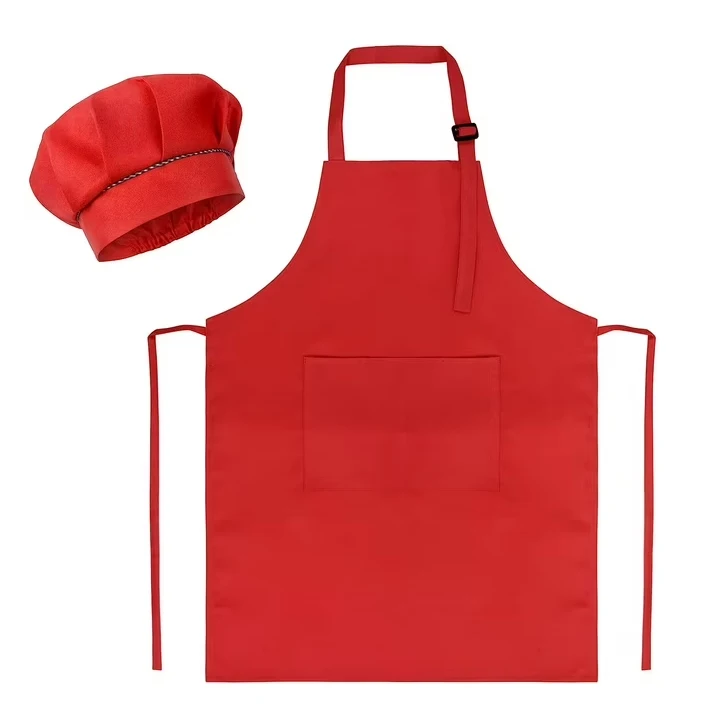 Sleeveless Bib Aprons Set Made Of Poly Cotton Chef Kids Apron With Hat For Bakery Paint Use Gardening Use
