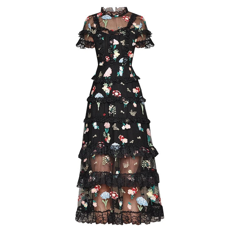 
2021 Spring Summer Stand Up Collar Short Sleeved Perspective Gauze Heavy Industry Lace Long Embroidery Dress 