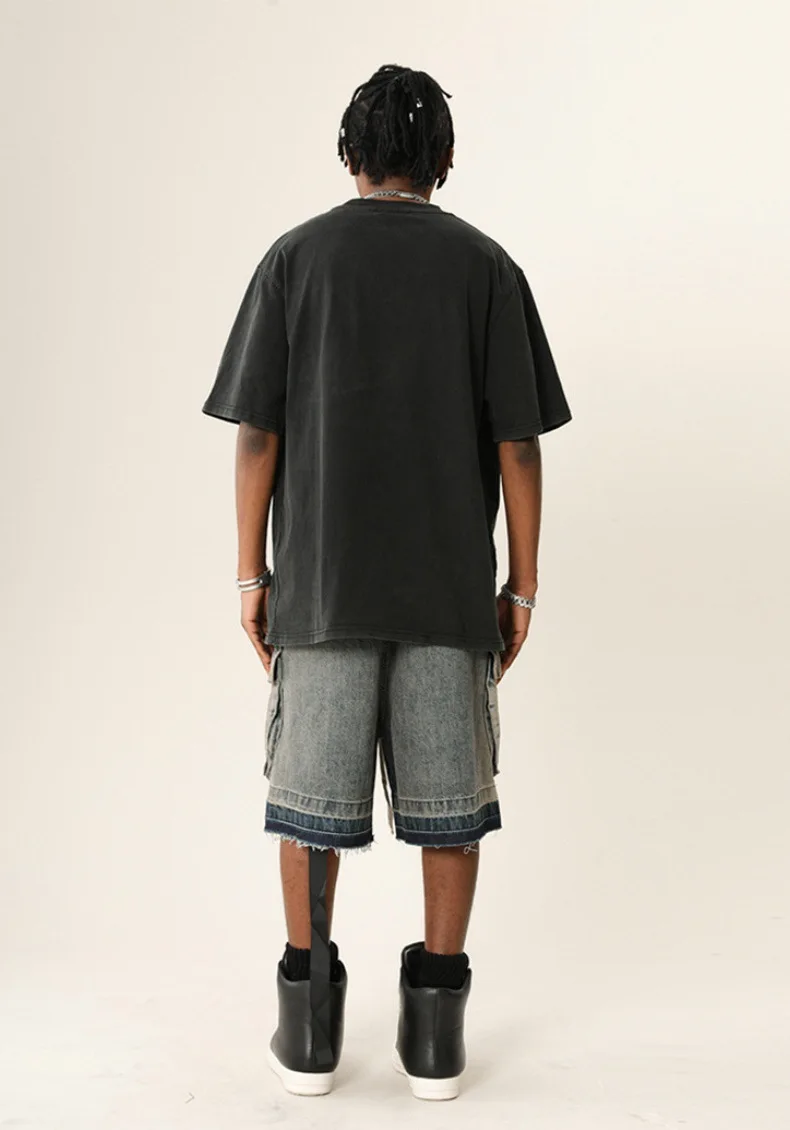 Retro Gradient Washed Worn-out Denim Shorts for Men, High Street, Multi Pocket, Satin Ribbon, Loose Wide Leg Five Quarter Pants