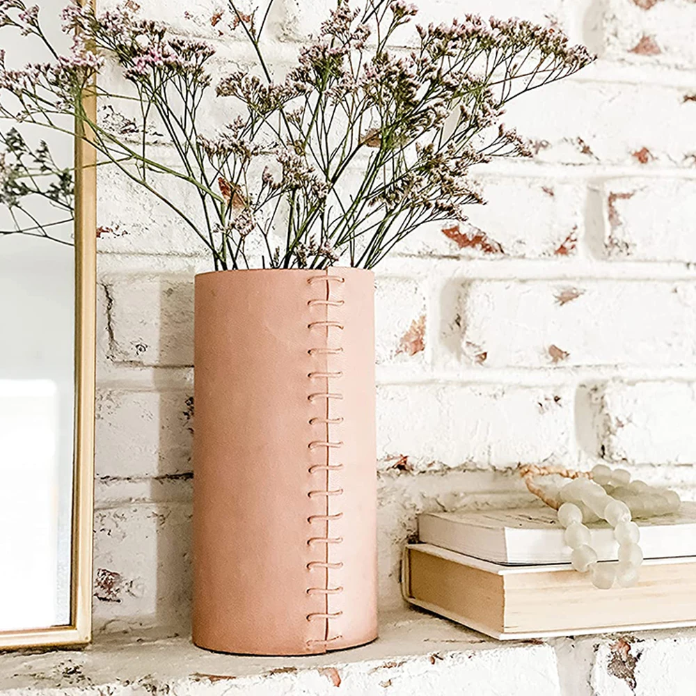 Promotion gift PU Leather Wrapped Glass Flower Vase leather Plants Decorative Vase for Home Decor