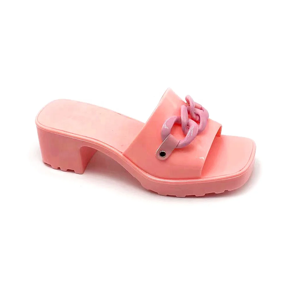 
Stylish 5CM High Heel Ladies Sandals Square Toe Jelly Shoes Chain Buckle PVC Wedge Women Sandals 