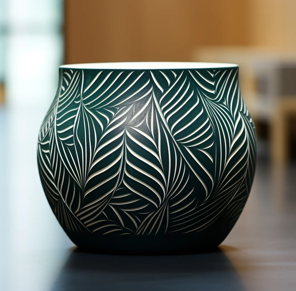 5 inch Ceramic Flowerpot Plant Vase - Woodcut-Inspired Graphics, Dark Teal and Dark White Artistry with Art Deco Flair