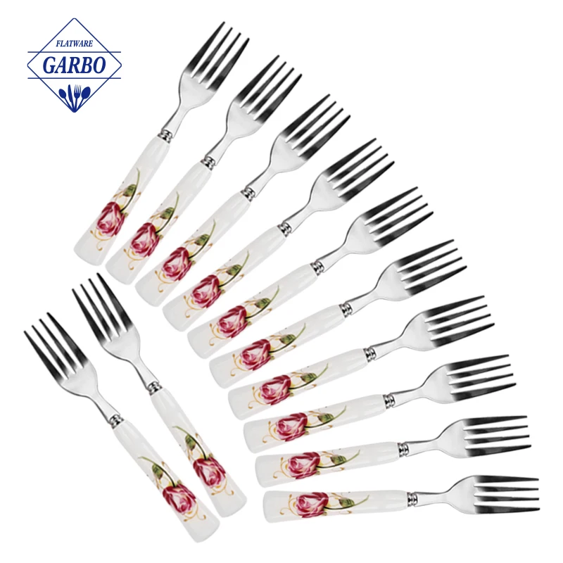 Wholesale Custom Stainless Steel Gold/Copper/Black Plated Small Fruit Cake Salad Dessert Fork with ceramic printing handles