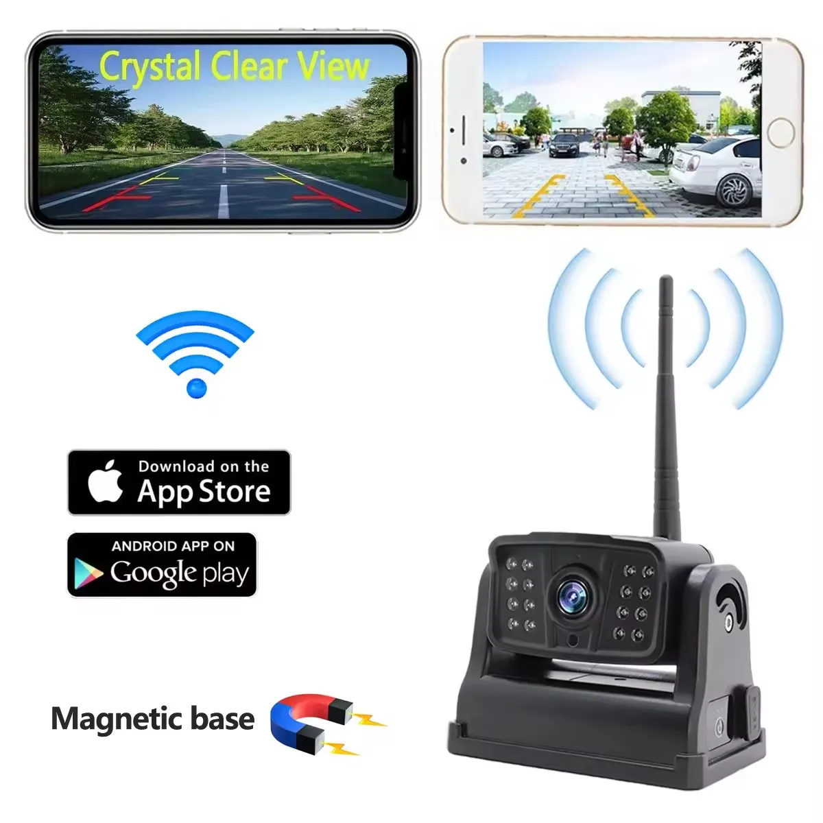 Wireless Mobile WiFi Strong Magnetic Rearview Car Camera Trailer Truck 1080P Night Vision No Lag Rechargeable battery
