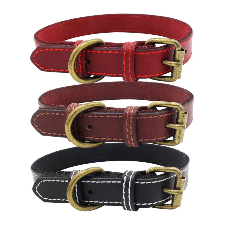 Wholesale Unisex Custom Logo Handmade Stitched Red Genuine Vegan Leather Dog Collar and Leash Set for Pet