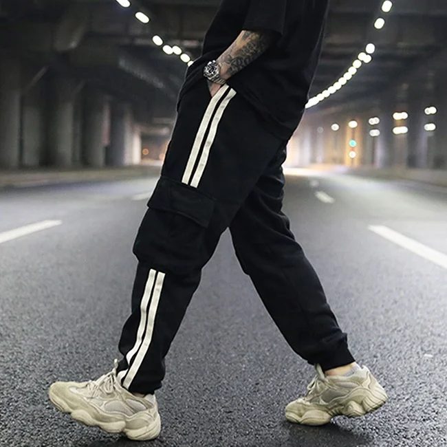 OEM hot sale black side stripe jogger pants casual elastic waist draw string streetwear cotton teen hiphop trousers stock