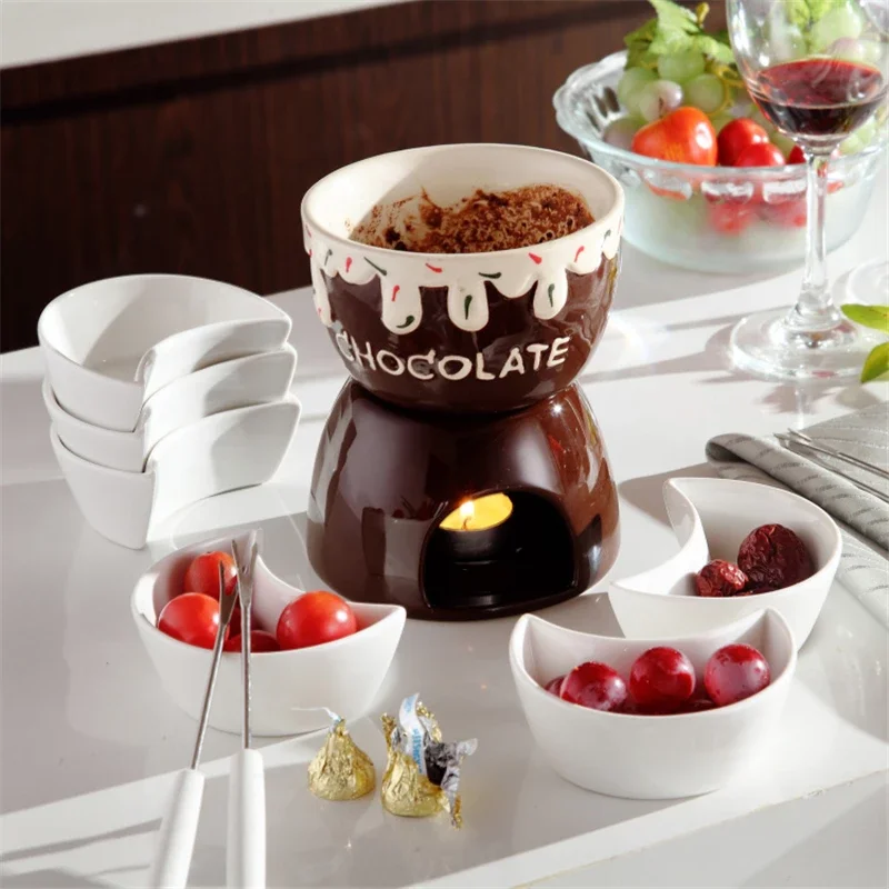 Amazon Hot Sell Ceramic Fondue Pot Set Home Cooking DIY Glazed Ceramic Fondue Pot For Cheese or Chocolate