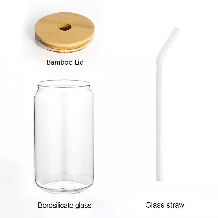 Custom Logo Drinking glasses 16oz Sublimation blanks Tumbler Beer Can Beer Glasses mug Borosilicate Glass Cup with Bamboo Lid
