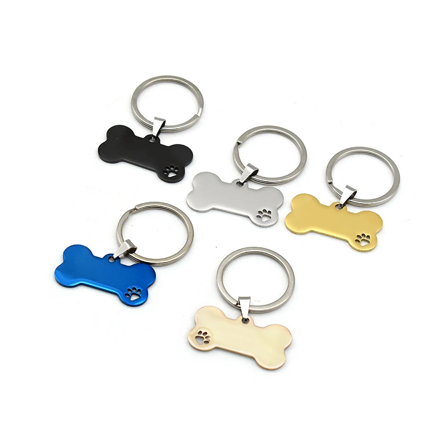 Wholesale bone shape metal keychain pet name id key tag with custom logo
