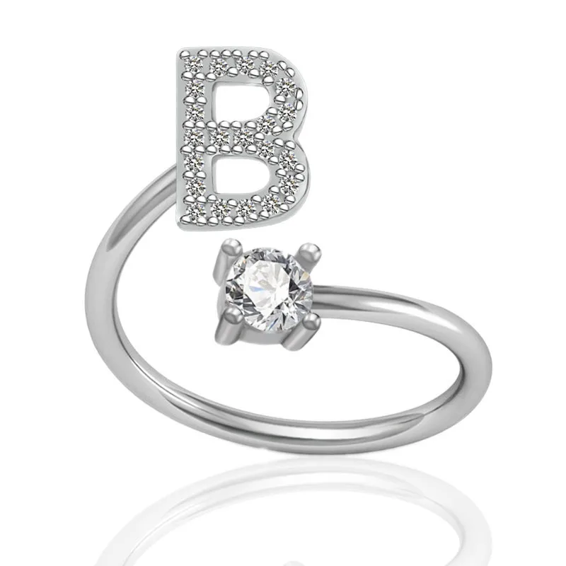 New A Z Letter Adjustable Gold Rings Women Silver Zircon Initial Ring Women Jewelry Creative Opening Diamond Initial Rings