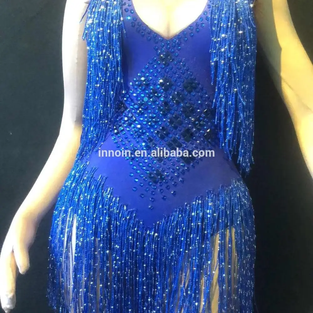 
New Women Glisten Rhinestone Sexy Bodysuit Silver Long Tassel Costume Birthday Celebrate Dance Wear Luxurious Leotard Blue 
