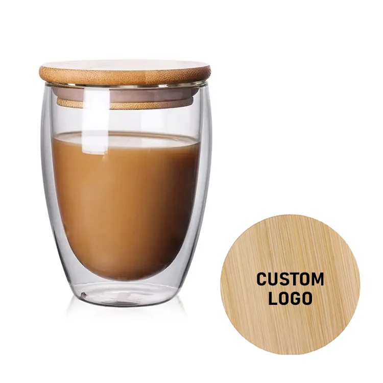Wholesale High Quality Borosilicate Glass Double Walled Glass Reusable Coffee Tea Cups Cup Mug with Bamboo Lid