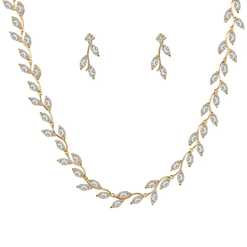 Elegant Leaf Cubic Zirconia CZ Crystal Tennis Necklace and Earring Wedding Jewelry Set for Bride or Bridesmaid
