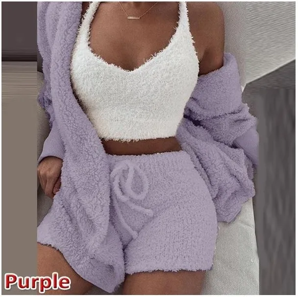 Fashion Women Spring Pajamas Women Sleepwear Sets Solid Plush Hooded Robe + Vest + Shorts 3pcs Nighty Sexy Pajama