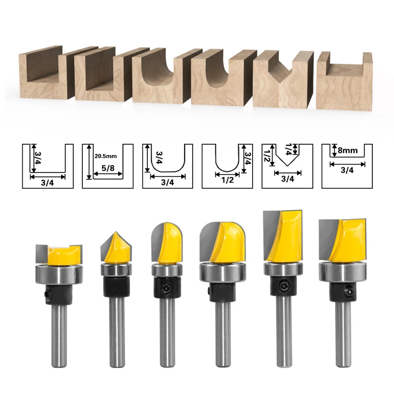 6 Shank 6-Piece set of Copying Slotting Knives Bearing Slotting Knives V-Shaped Knives Wood Router Bits