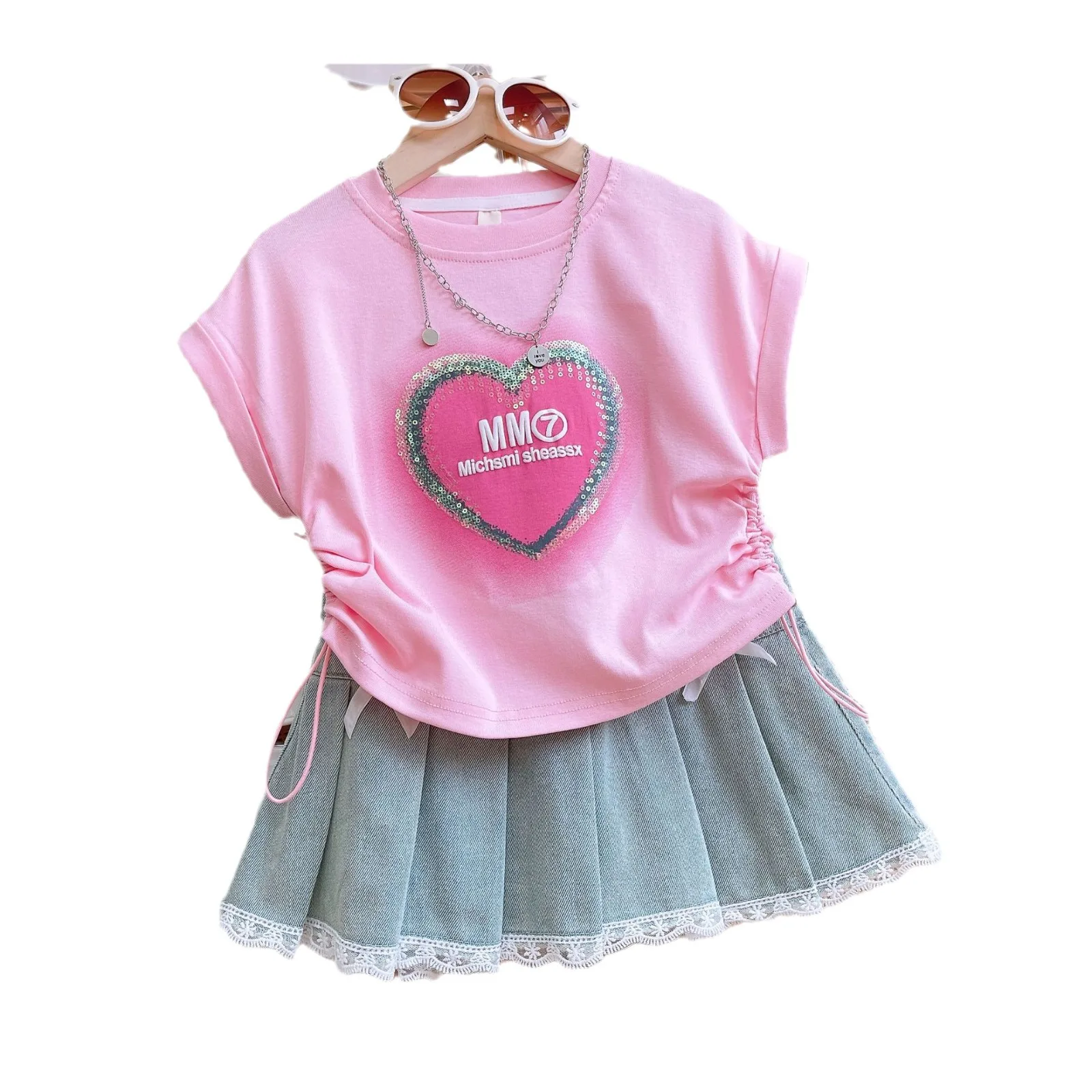 2024 Summer Fashion Kids 2pcs Suits Sleeveless T-shirt+Lace Denim Skirt Sweet Girls Clothes Sets