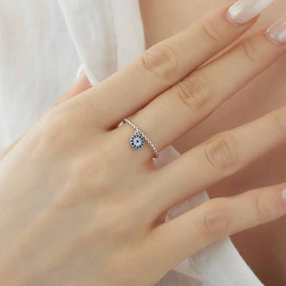 Dylam Dainty Fine Fashion Women Jewelry S925 Silver Beaded Eternity 5A Cubic Zirconia Dangle Evil Roundel Blue Evil Rings