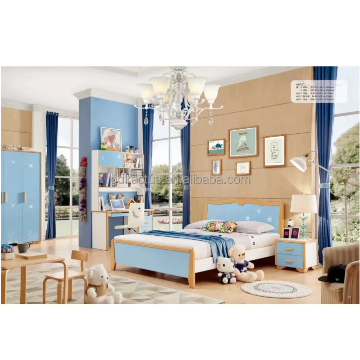 blue color wooden children bedroom furniture boy colorful kids bedroom set