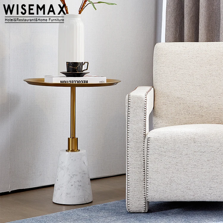 WISEMAX FURNITURE luxury small round marble base bed side table modern gold stainless steel top natural marble coffee tea table