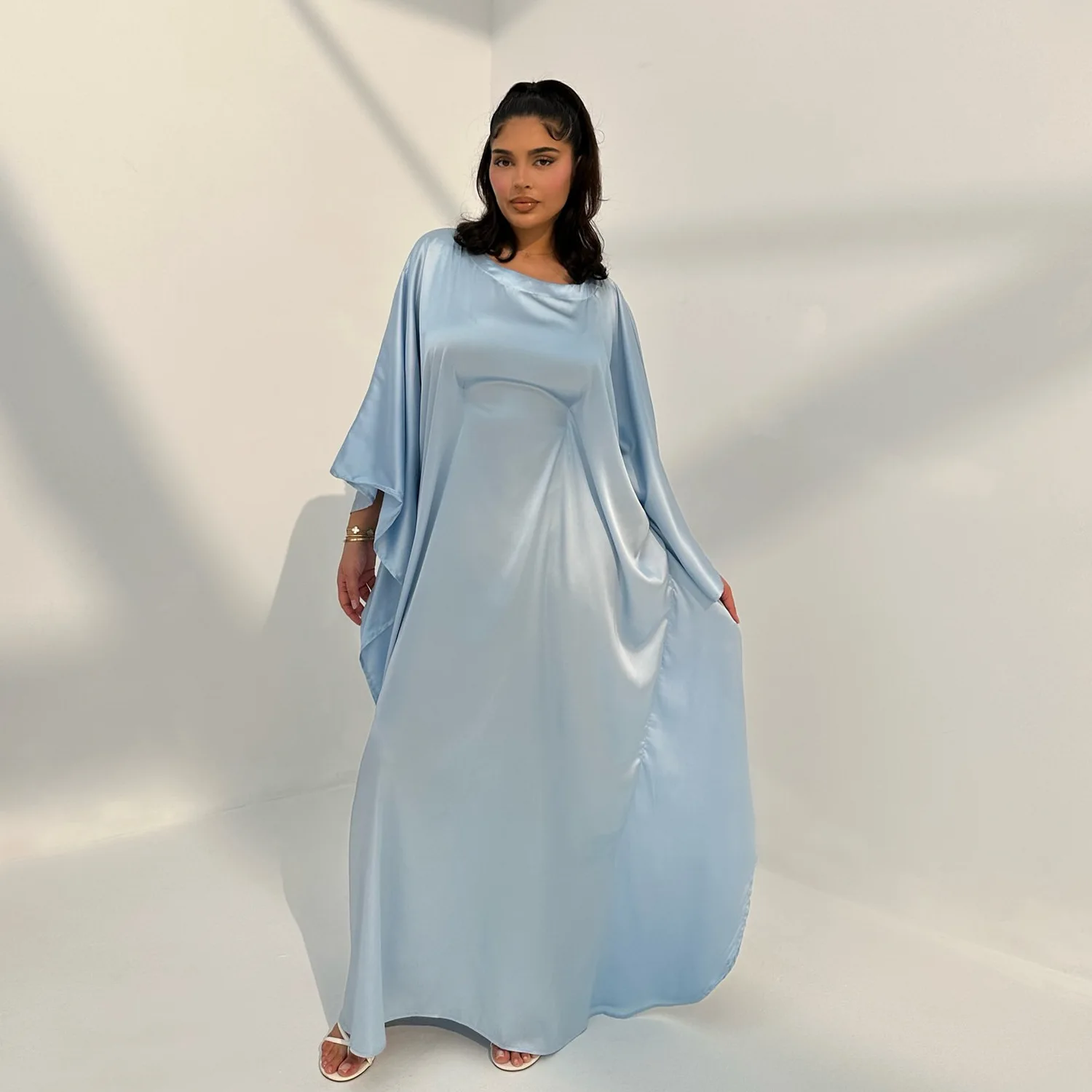 2024 Elegant Solid color Satin Kaftan Abaya EID Outfit Batwing Sleeves Islamic Clothing Abaya Women Muslim Dress