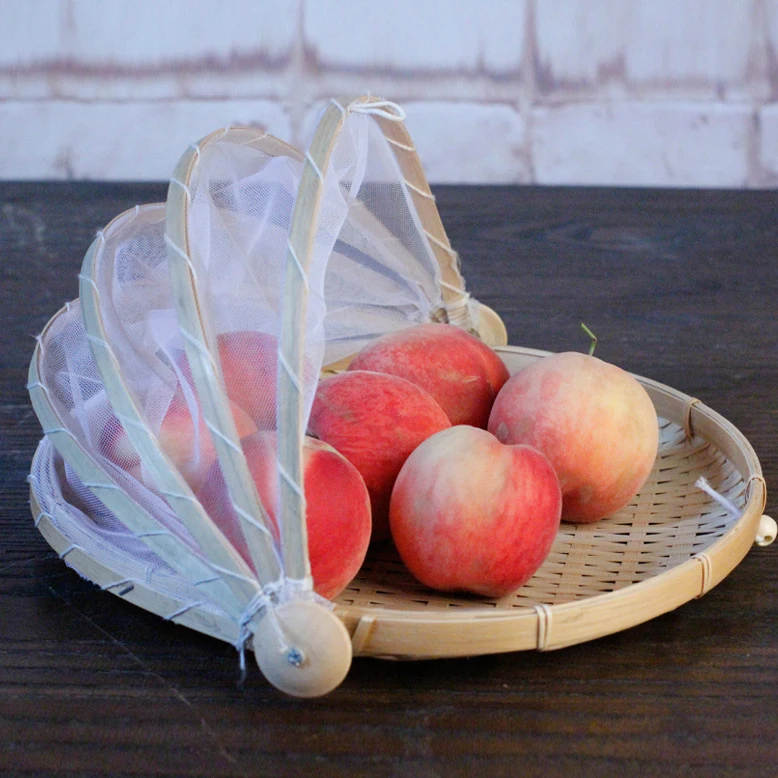 Tent Style Foldable Fruit Basket with Nylon Mesh Cover Woven Bamboo Storage Basket for Food and Pastry Use