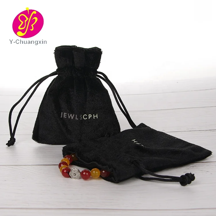 Small Black Suede Velvet Jewelry Bag With Silver Logo Pouch Velvet