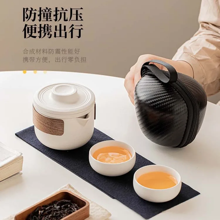 Travel tea set small portable quick outdoor camping travel ceramic teapot tea cup 3 pcs set Drinkware with bag