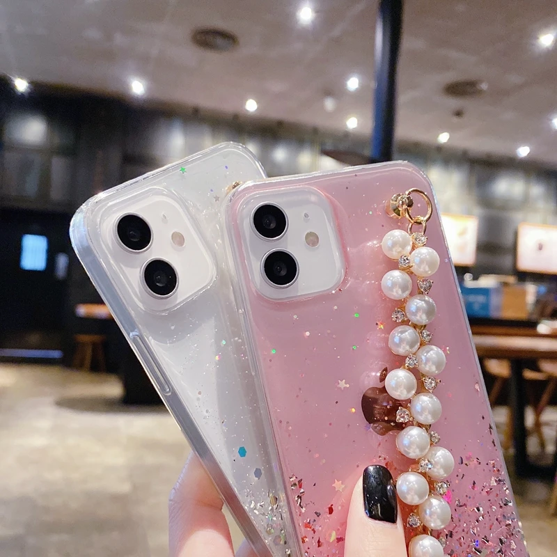Soft Pearl Bracelet Phone Case For iPhone 11 12 13 14 Pro Max XS X XR 7 8 6 6s Plus mini SE 2020 Glitter Shockproof Cases Cover