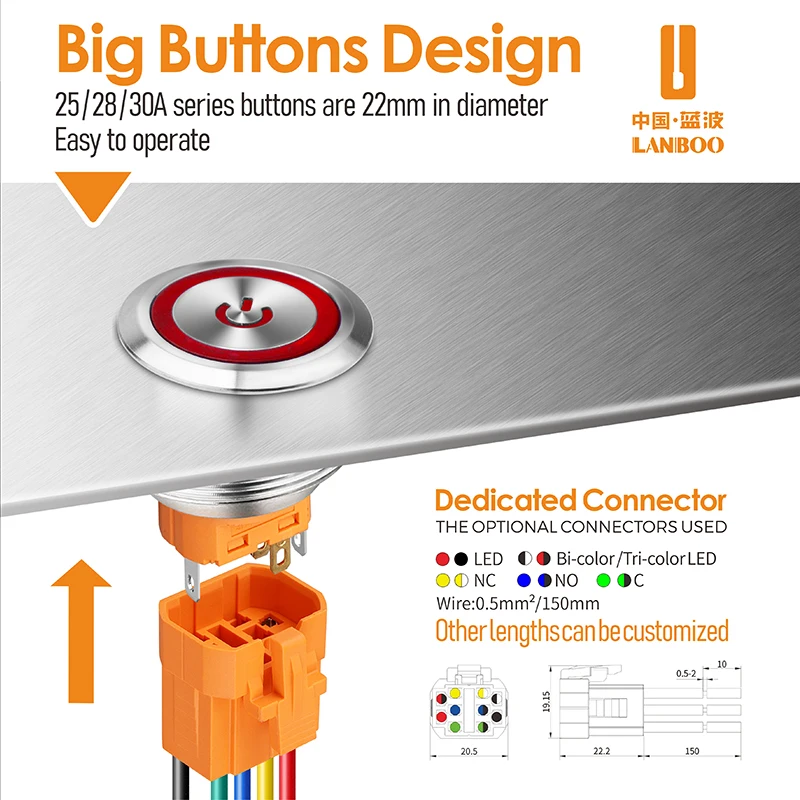 LANBOO 25/28/3 мм ON-OFF SPST фиксация DPDT или мгновенный металлический кнопочный переключатель со светодиодным двойным светодиодом триколор и другие цвета
