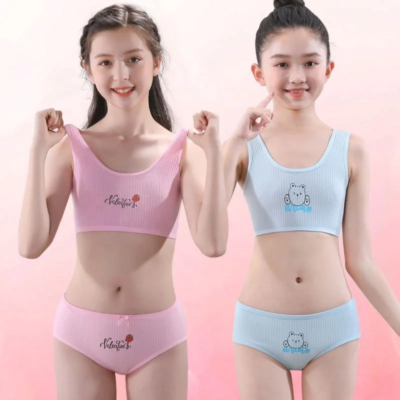 Girls Lovely Teenage Kids Beginners Seamless Growth Period Vest Cotton Camisole Bra Panty Set Underwear For Kids