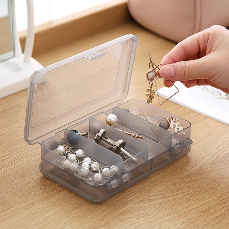 Travel portable recycled double layer 10 grid transparent plastic jewelry storage box with hanging holes