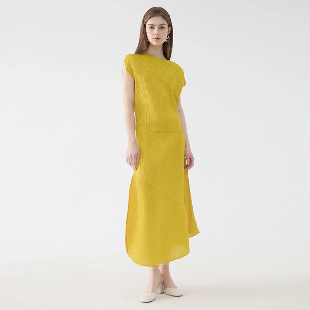 High quality miyake 2 pieces set solid color women irregular hem pleated skirt loose summer casual vacation outfit