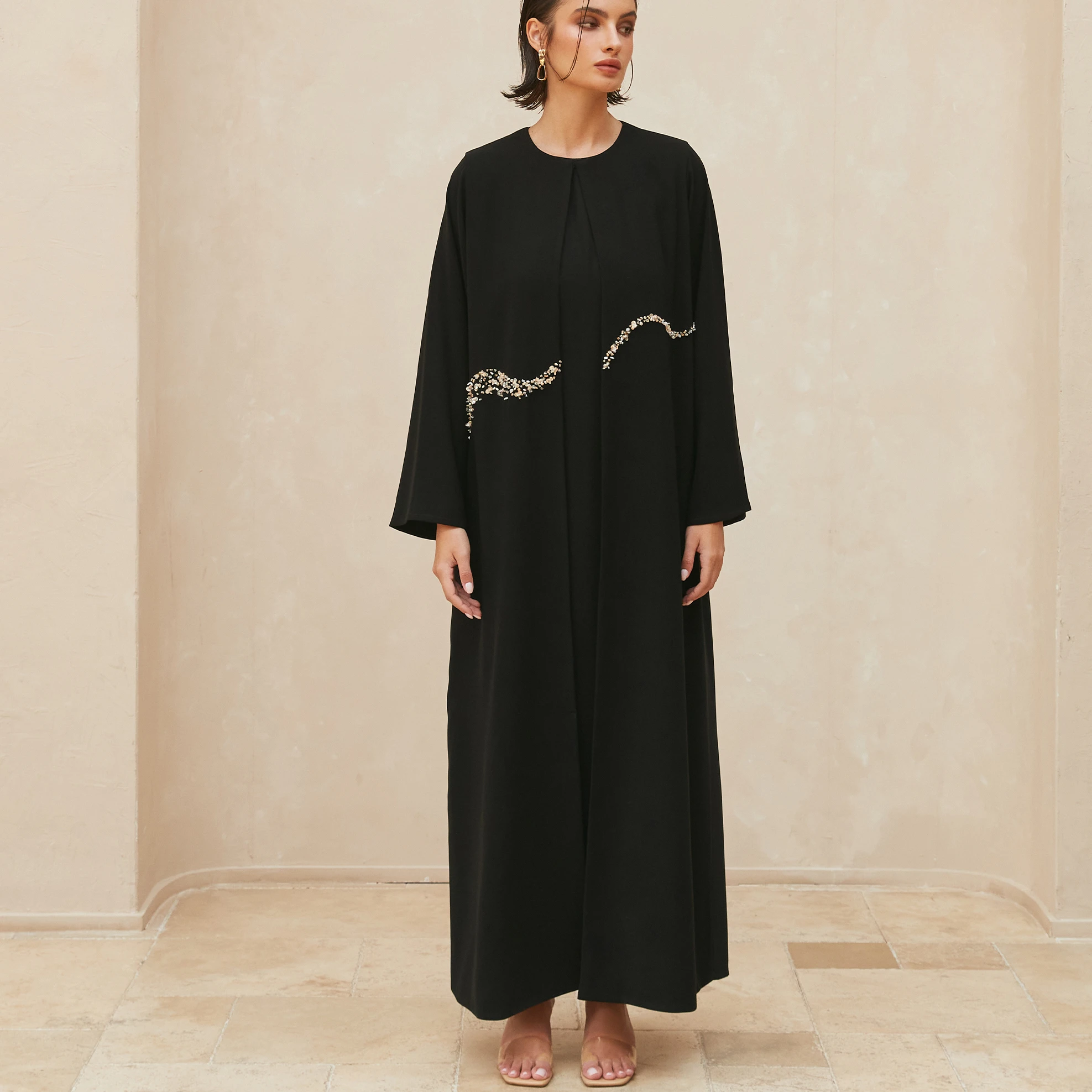 Custom Dubai Luxury Abaya High Class Eid Luxury Beads Abaya Set Black Dubai
