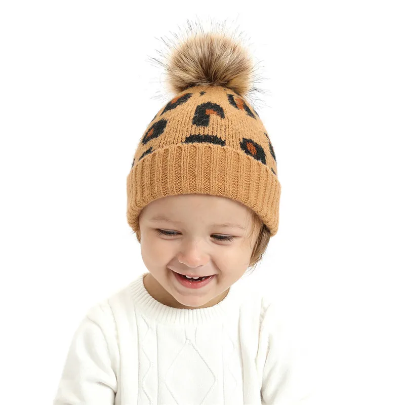 Children Winter Knitted Hat Lovely Big Pom Pom Leopard Baby Girl Boy Warm Crochet Hat Out-door Kids Beanie Cap