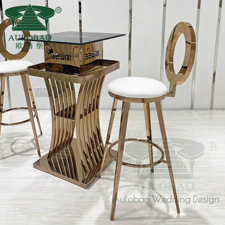 Party rental rose gold stainless steel round high back leather bar stool