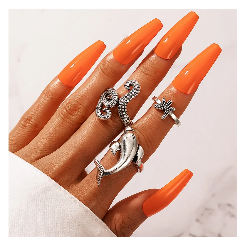 Personality New Ring Marine Element Squid Starfish Dolphin Cute Animal 3 Piece Silver Ring