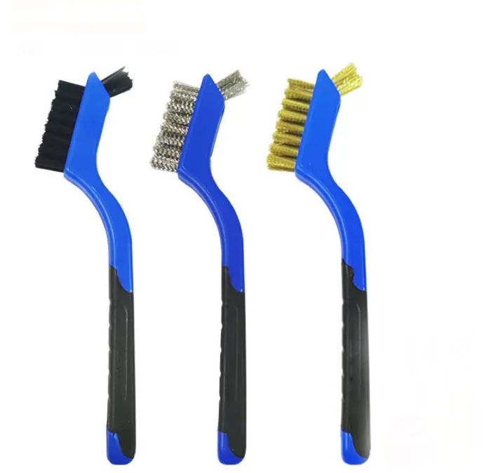 Wire Brush Set 3Pcs - Nylon/Brass/Stainless Steel Bristles with Curved Handle Grip for Rust, Dirt & Paint Scrubbing Deep Clean
