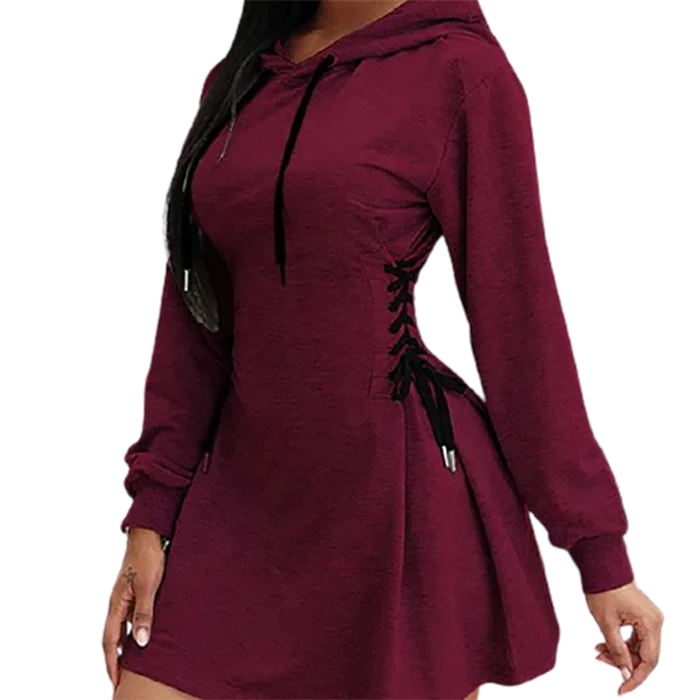 Custom fall solid pullover women a-line short dress cotton lace up skinny long hoodie dress for women