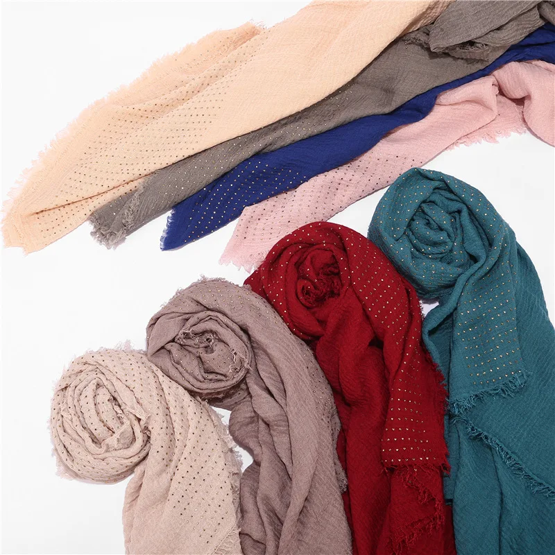 Wholesale Solid Large Soft Cotton Voile Hijab With Stones Muslim Women Crinkle Cotton Beaded Scarves