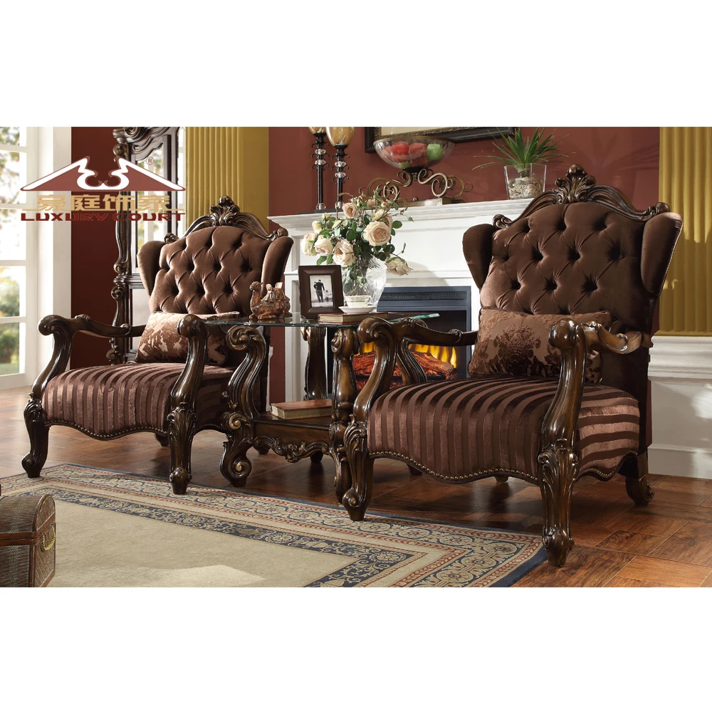 Longhao Wholesale European Luxury Living Room brown coffee antique Sofas Wooden Carved Fabric Cover Home Furniture Classic