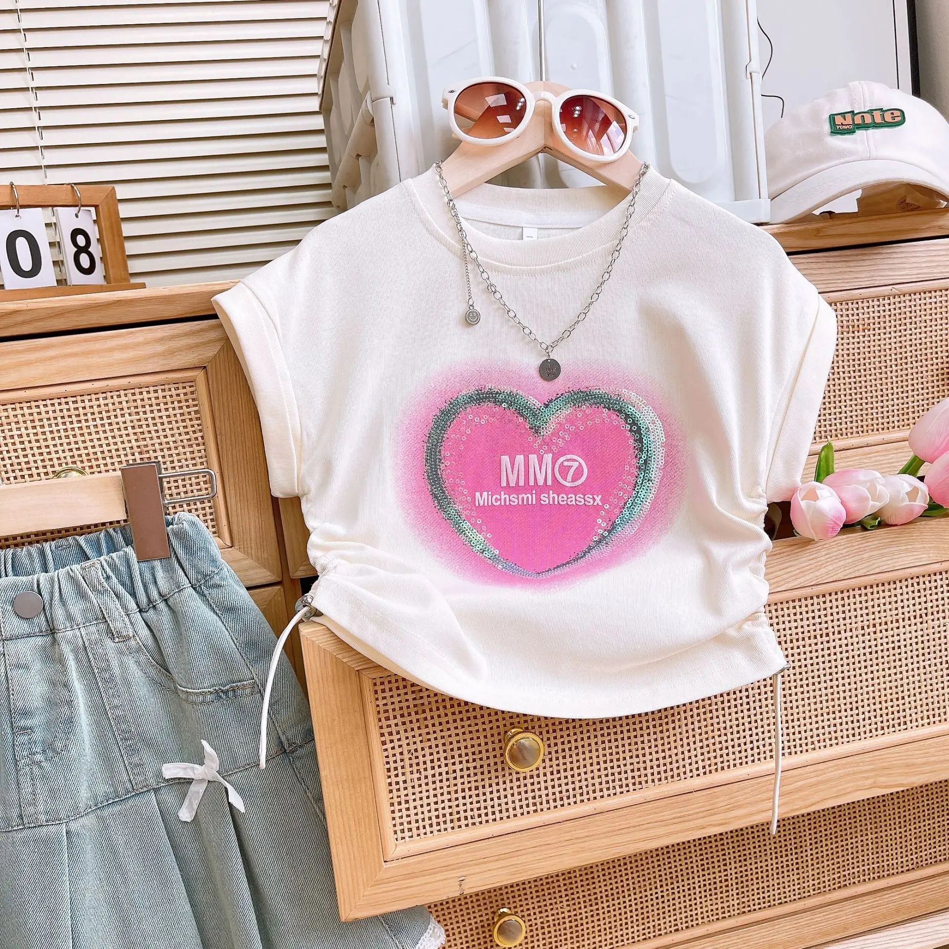 2024 Summer Fashion Kids 2pcs Suits Sleeveless T-shirt+Lace Denim Skirt Sweet Girls Clothes Sets