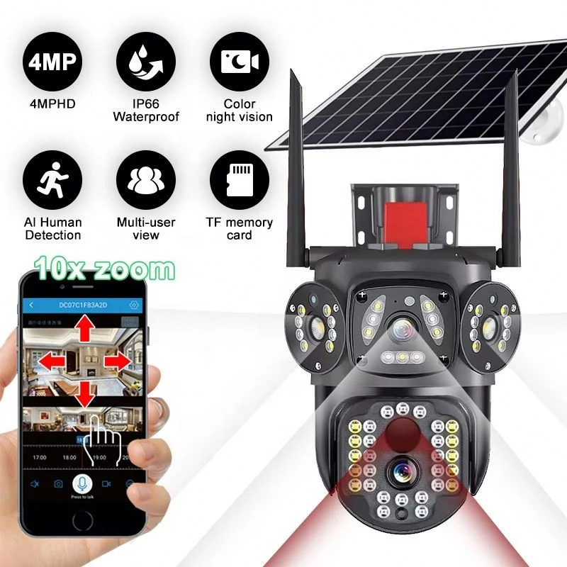 Shingel 2MP Outdoor Dual Lens Triple Screen 4G Sim Card Solar Camera 10x Zoom Human Detection Solar 4G Camera